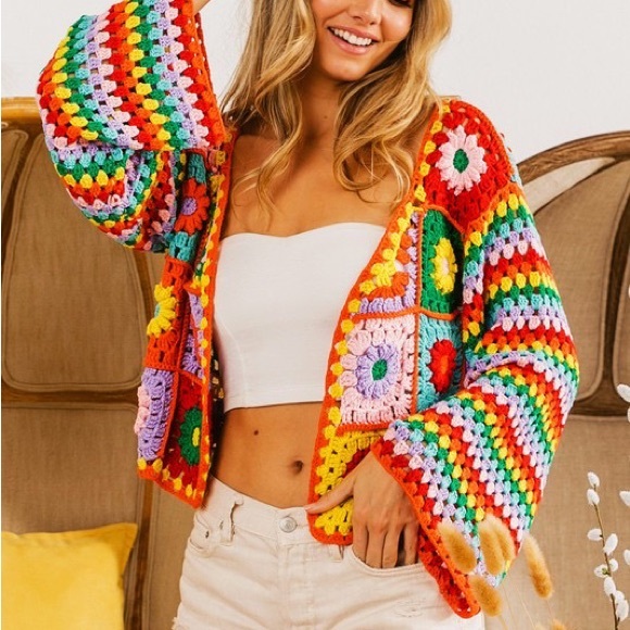New Color! Bibi Handmade Vibrant Crochet Multicolor Cropped Cardigan Sweater - Picture 12 of 12